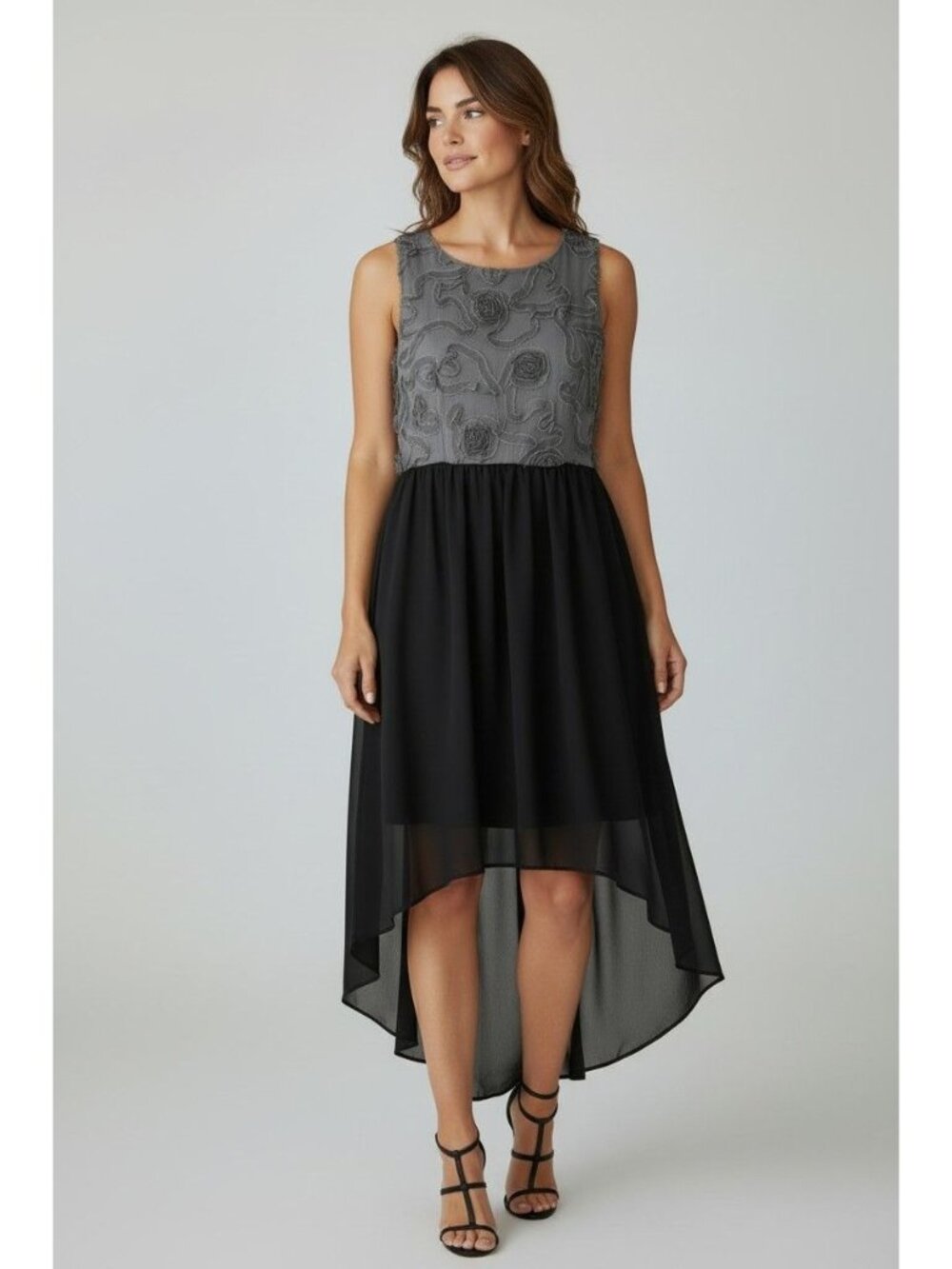 Black Gray Sleeveless Hi-low Chiffon Dress Size 12 Evening Wedding Occasion